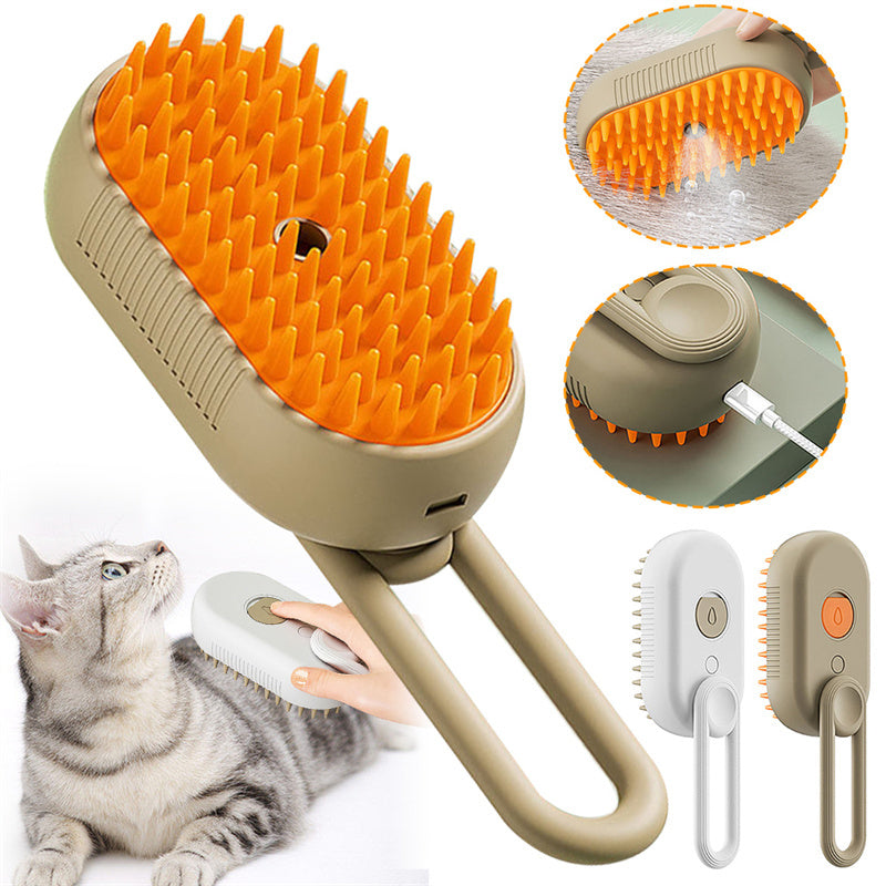 3-in-1  Steam Pet Brush — Spray, Massage & De-Shedding Tool